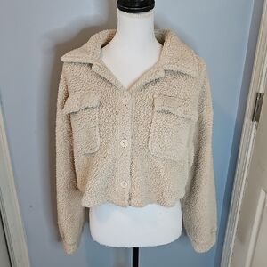 Pink Rose Cream Cropped Teddy Jacket with Button Front